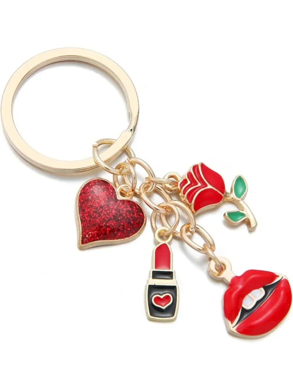 Romantic Love Keychain Set - 10PCS Red Glitter Heart, Rose & Lipstick Charms for